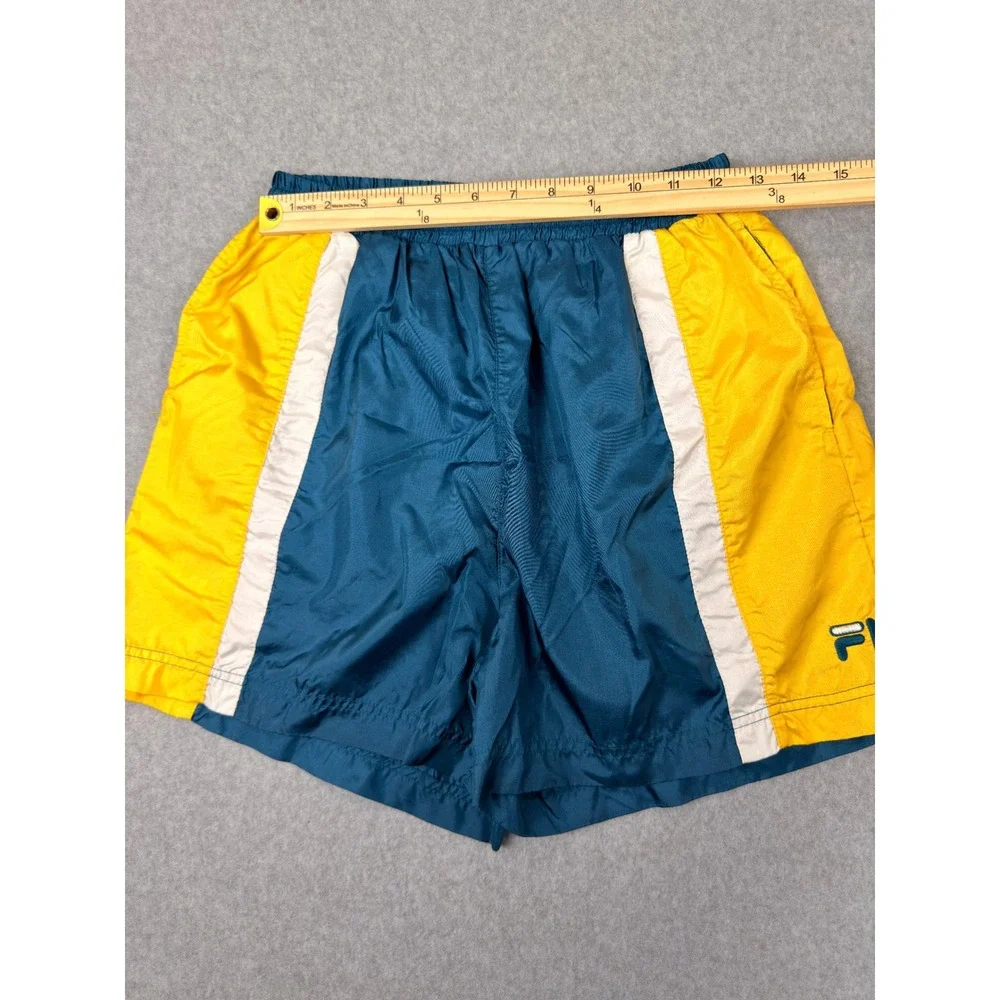 Fila Vintage Mens Teal Yellow Colorblock Nylon Athletic Gym Shorts Size Medium